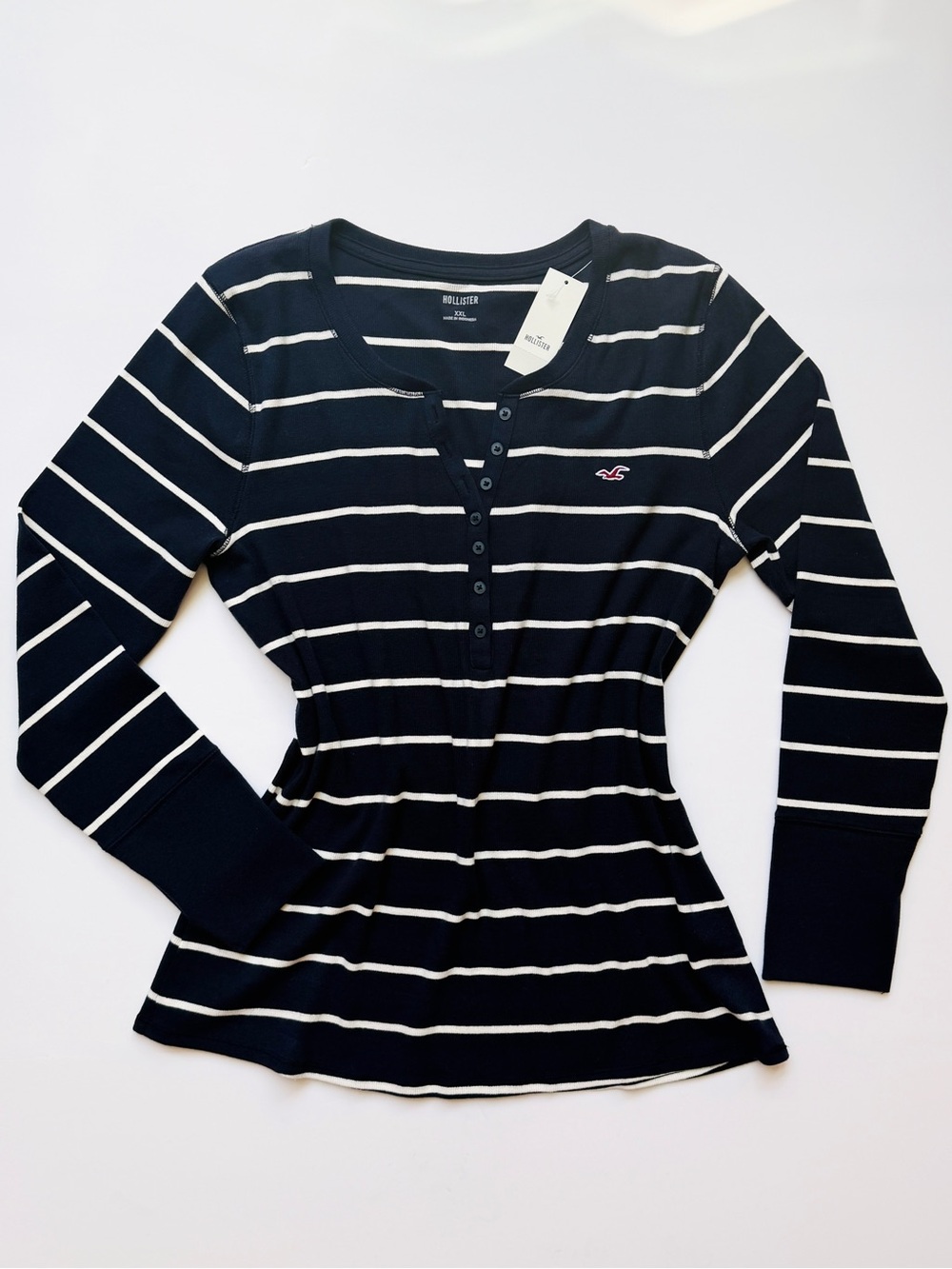 Hollister Ribbed Henley Long Sleeve Top XXL Navy White Stripe NWT